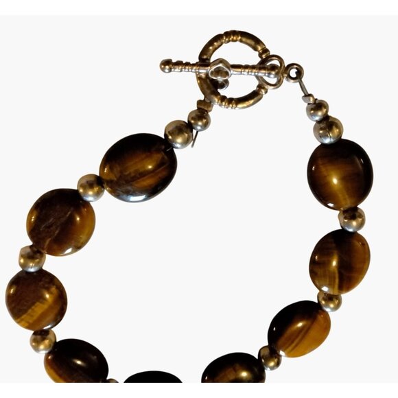 Tigers Eye Beaded Bracelet Silver Heart Toggle Clasp - Picture 3 of 4